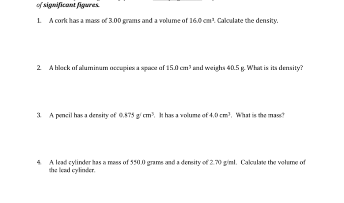 Mass volume and density practice problems & review worksheet answers