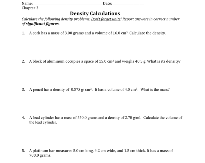 Mass volume and density practice problems & review worksheet answers